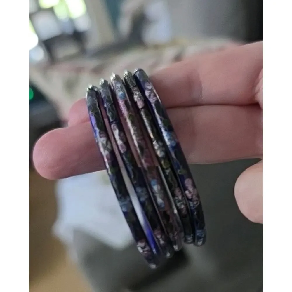 Vintage Cloisonne Enamel Floral Bracelets Set of 6 Multicolor Stackable 7.75